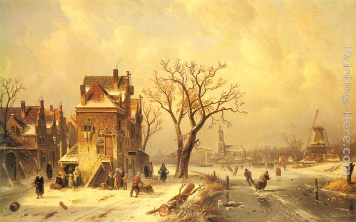 Skaters in a Frozen Winter Landscape painting - Charles Henri Joseph Leickert Skaters in a Frozen Winter Landscape art painting